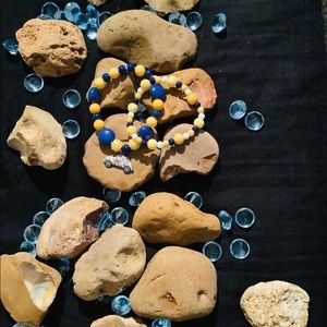 Blue and Yellow Feather Earrings and bracelet set